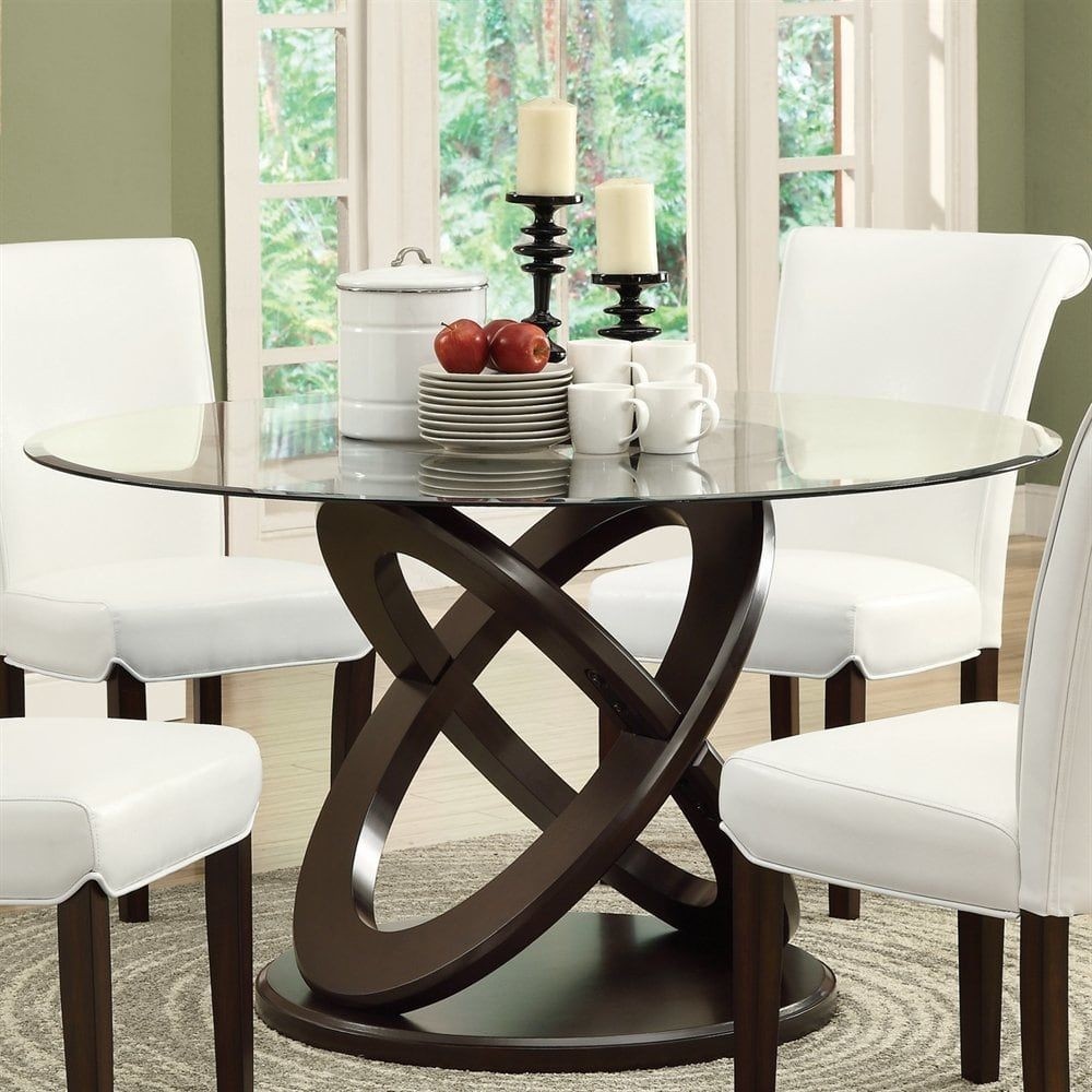 round wood dining table with glass top