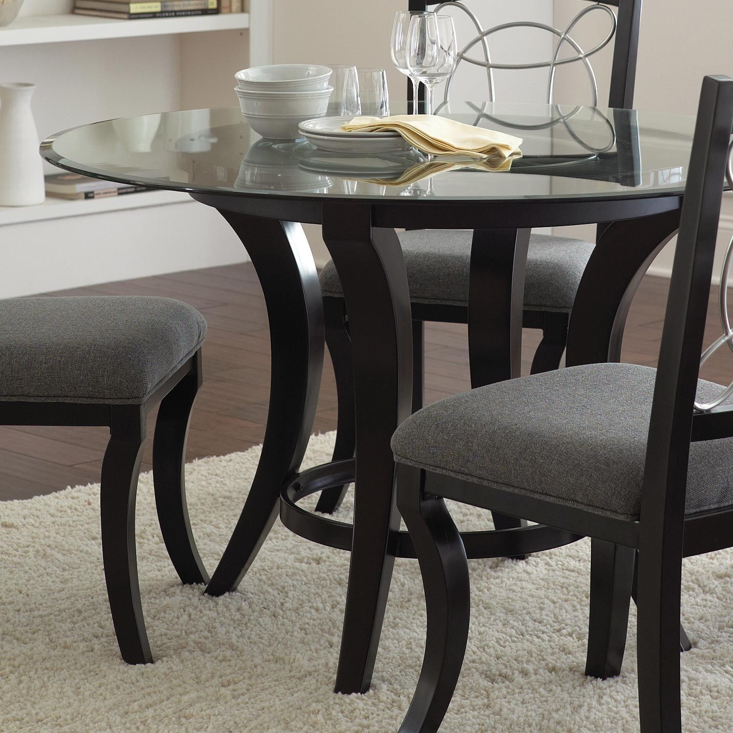 Black Benjara Round Glass Top Dining Table with Criss Cross Tripod Base