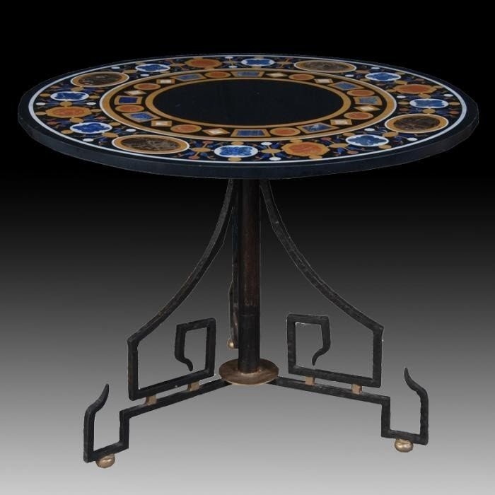 Round marble coffee table set black base table top iron