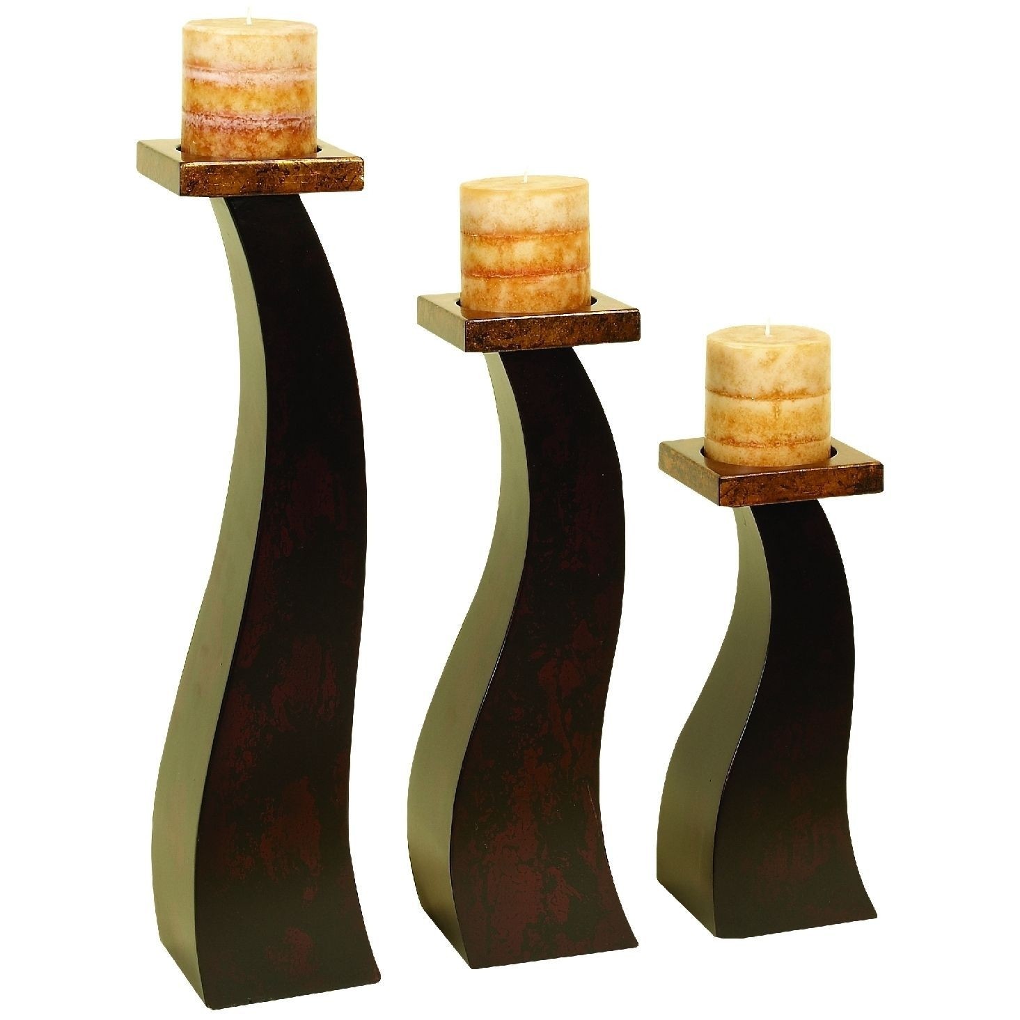 3-Pc Wooden Candle Holder Set in Antique Brown