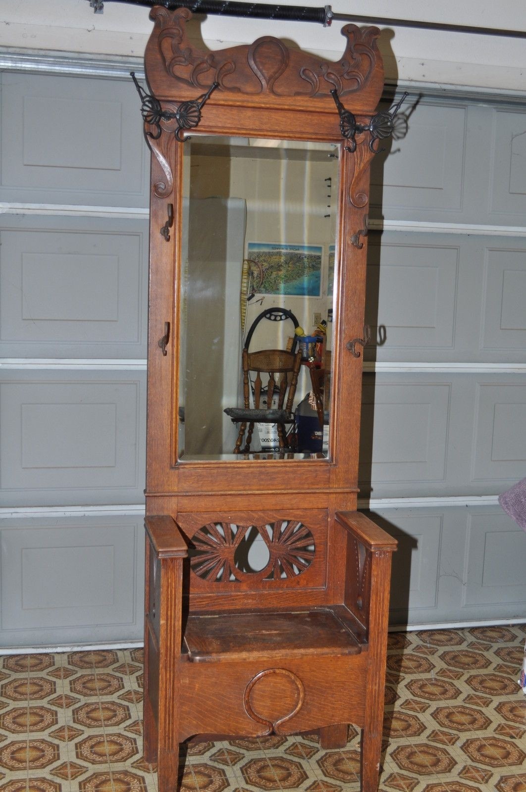 Antique Oak Entry Hall Tree Storage Bench Beveled Mirror Butterfly Hook