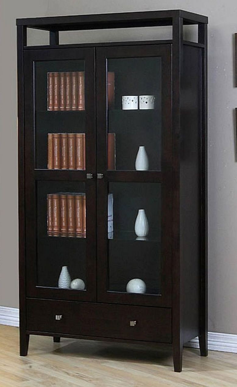 Aristo Modern Halifax Brown Solid Wood 2-door Bookcase with Glass Door - Tall Media Storage Cabinet