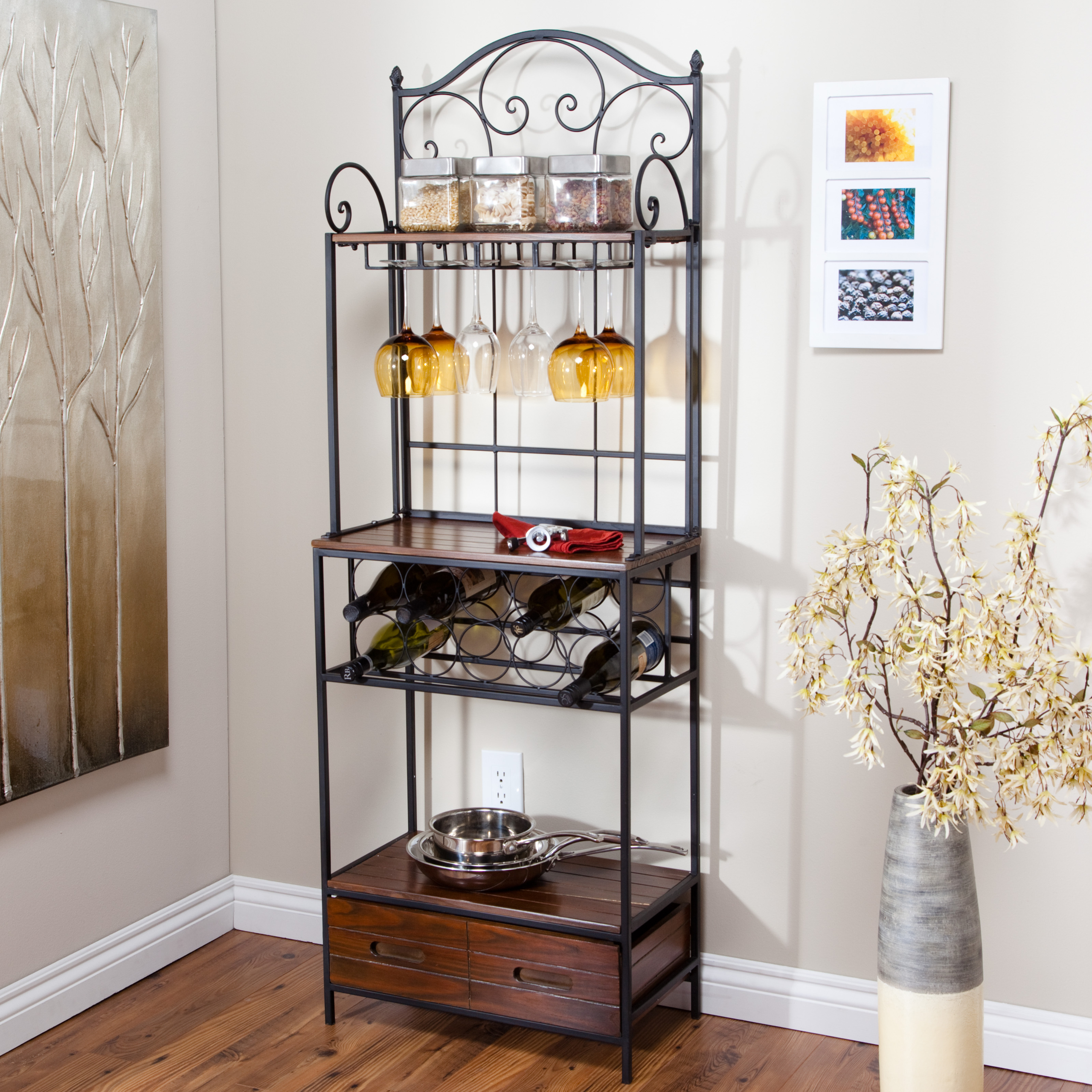 bakers rack with wine glass holder