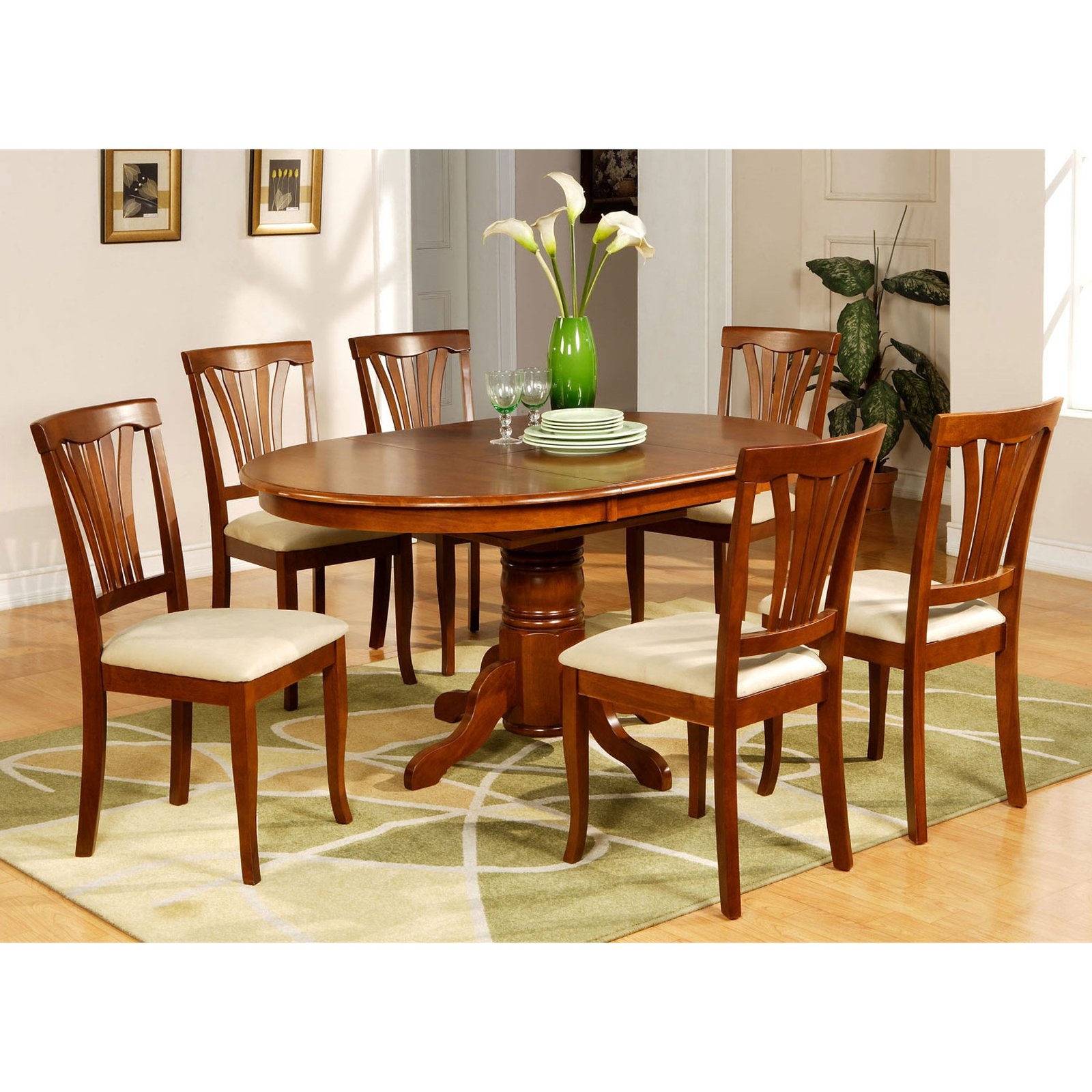 East West Furniture AVON7-SBR-C 7PC Oval Dining Set with Single Pedestal with 18 in. butterfly leaf and 6 padded seat chairs