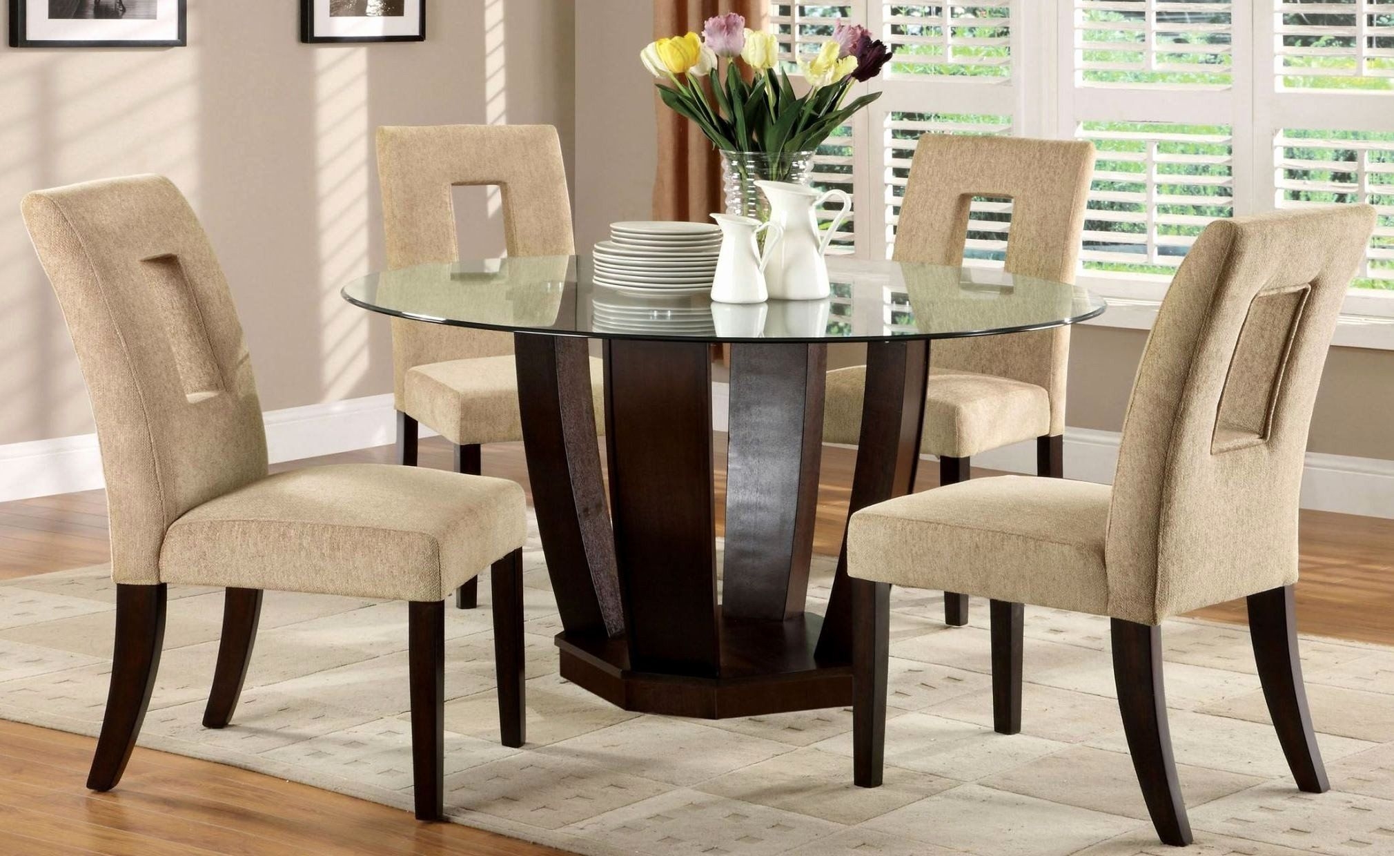 Furniture of America Valyria 5-Piece Round Dining Table Set with 10mm Tempered Glass Top, Espresso Finish
