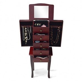 GLS Cherry 5 Drawers Traditional Jewelry Armoire Chest Sets with Filp-top Mirror