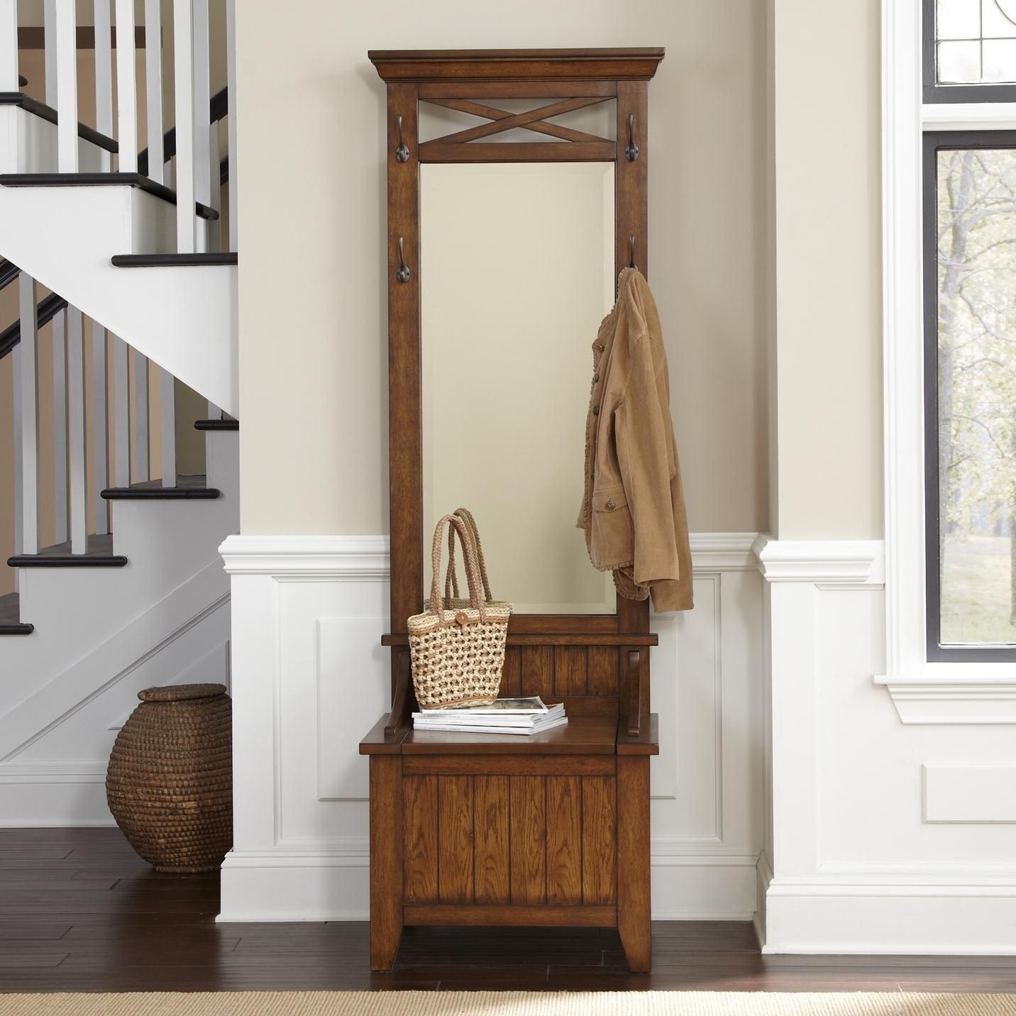 Entryway bench with hot sale mirror and hooks