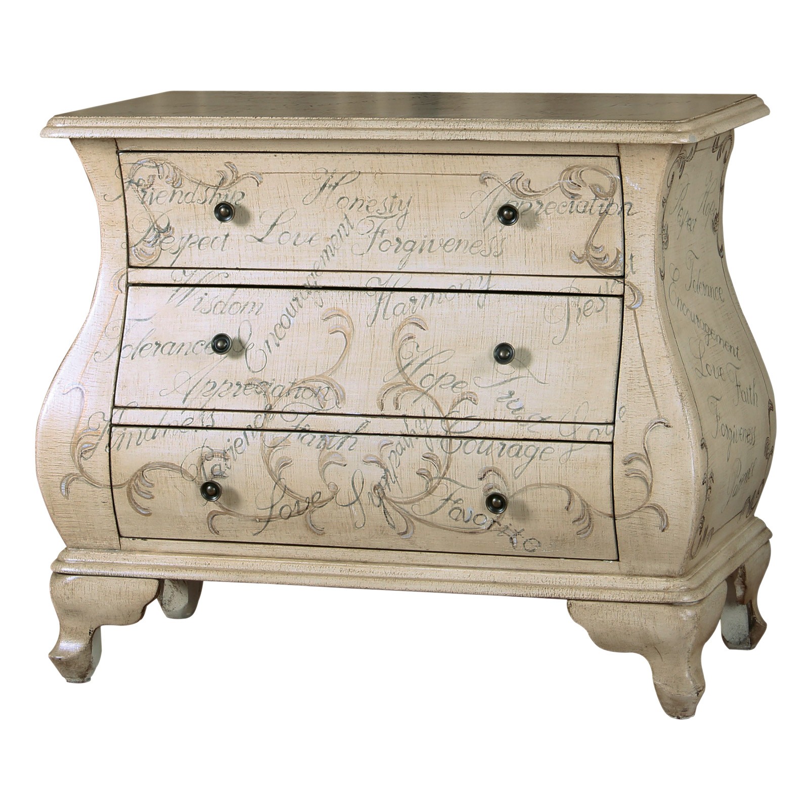 Hand Painted Distressed Antique Ivory Bombay Chest