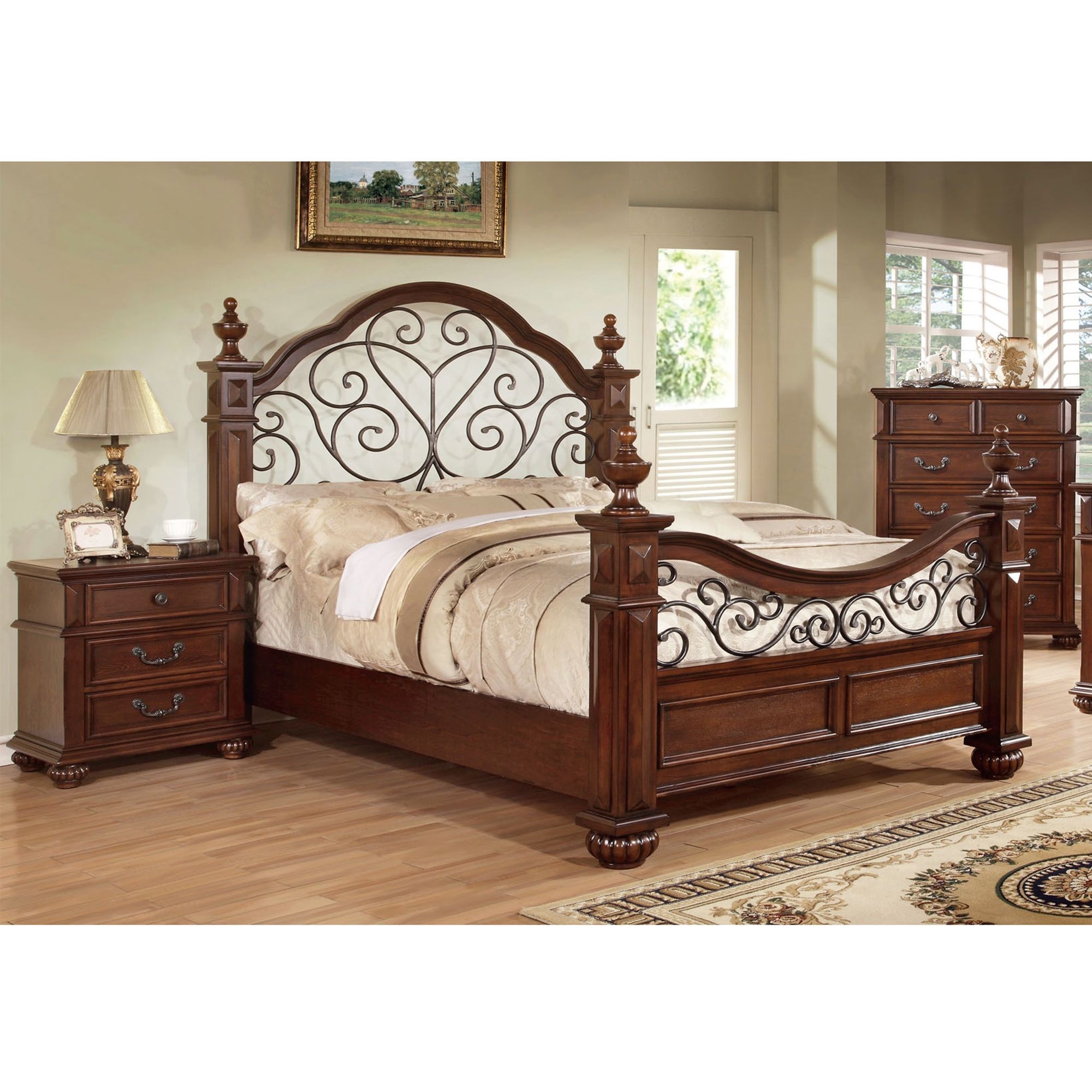 Landaluce Transitional Style Antique Dark Oak Finish Eastern King Size Bed Frame Set