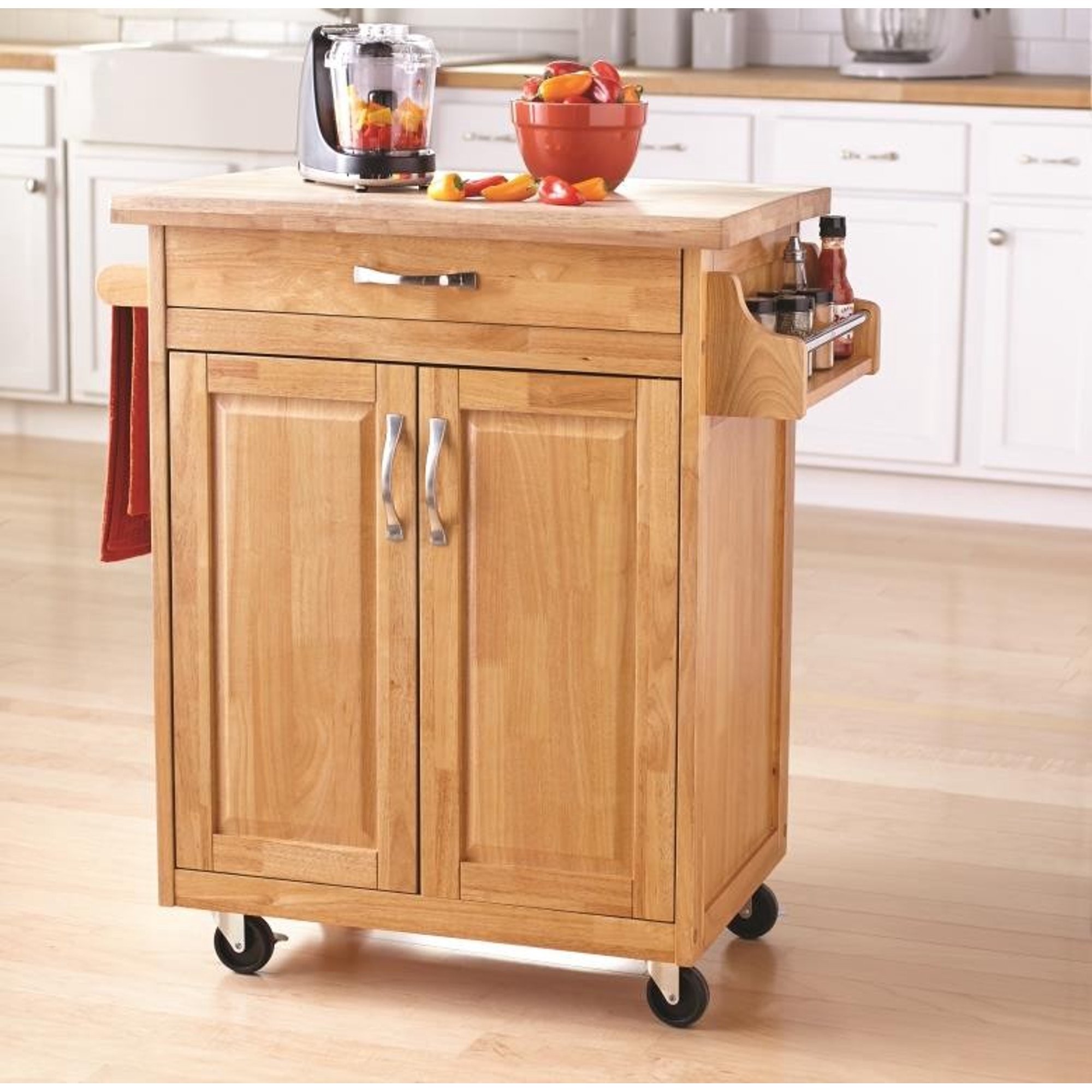 Mainstays Kitchen Island Cart, Natural. This Stylish Kitchen Furniture Has a Solid Wood Top. Kitchen Island SALE!! Drawer and Cupboard Provide All Your Kitchen Storage Needs. Sturdy Wheels For Moving Around. Towel Bar and Spice Rack.
