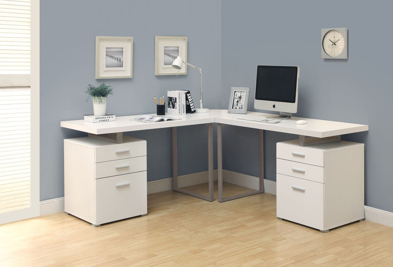 Modern White L-shaped Double Pedestal Office Desk with Floating Top