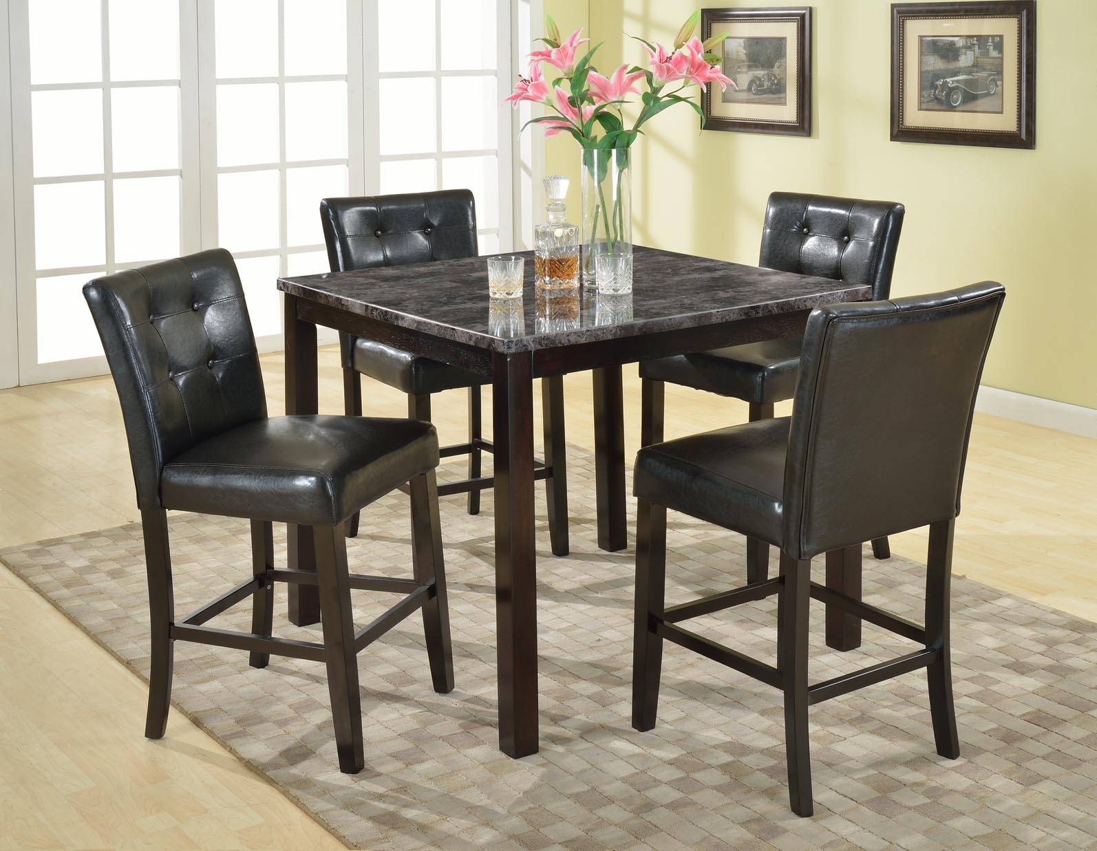 Roundhill Furniture 5-Piece Praia Artificial Dark Marble Top Pub Dining Table 4 Chairs Set