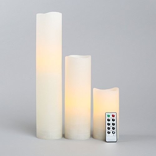 Set of 3 Distressed Tall Melted Edge Ivory Flameless Wax Battery Operated LED Pillar Candles with Remote Control and Six Hour Auto Timer