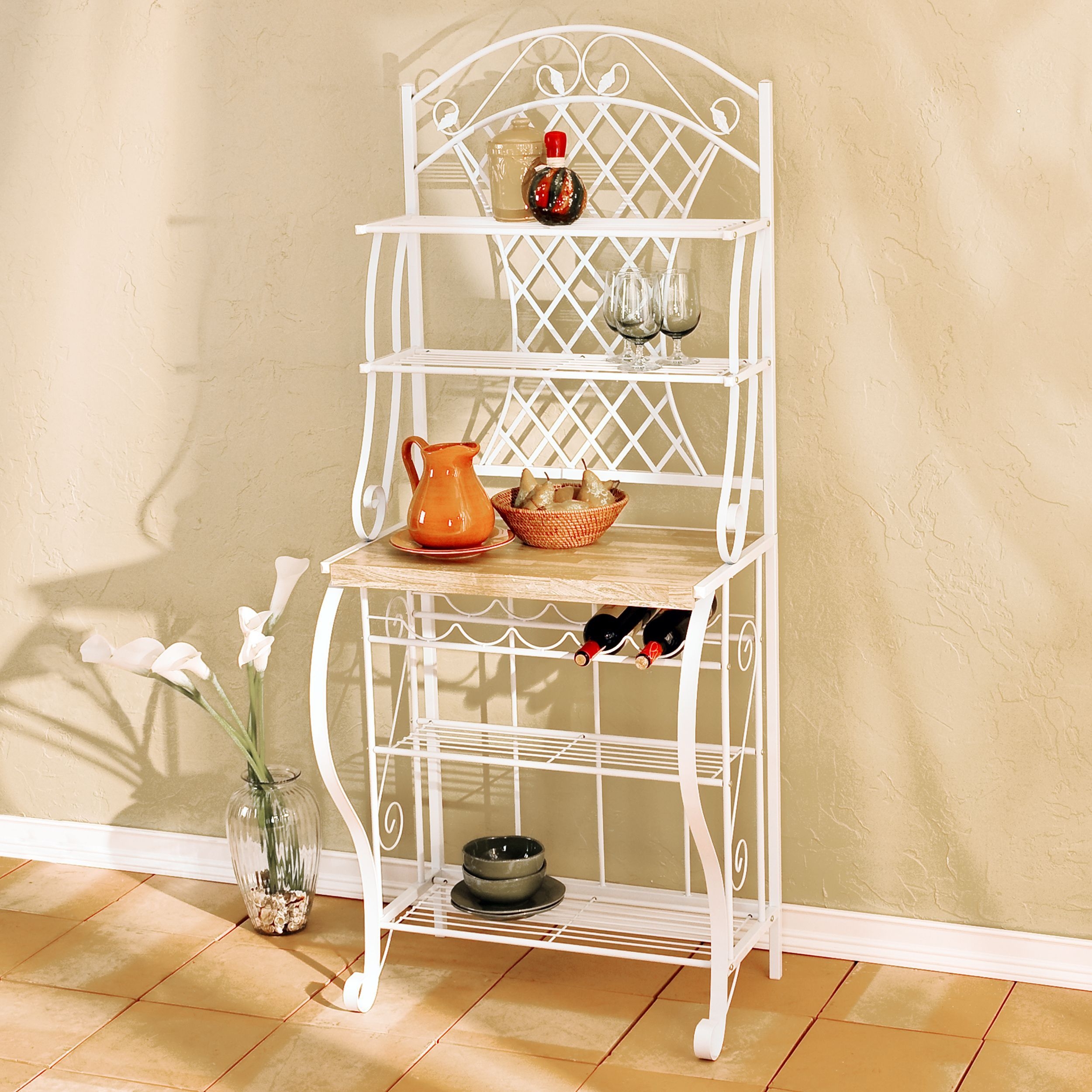 Trellis Kitchen Baker's Rack a Great Looking Standing Metal Storage with Wooden Shelf Organizer for Your Home This Decorated Bakers Rack Is a Beautiful Kitchen Furniture or for Your Pantry. Use It to Showcase Your Wine Collection on Its Shelves