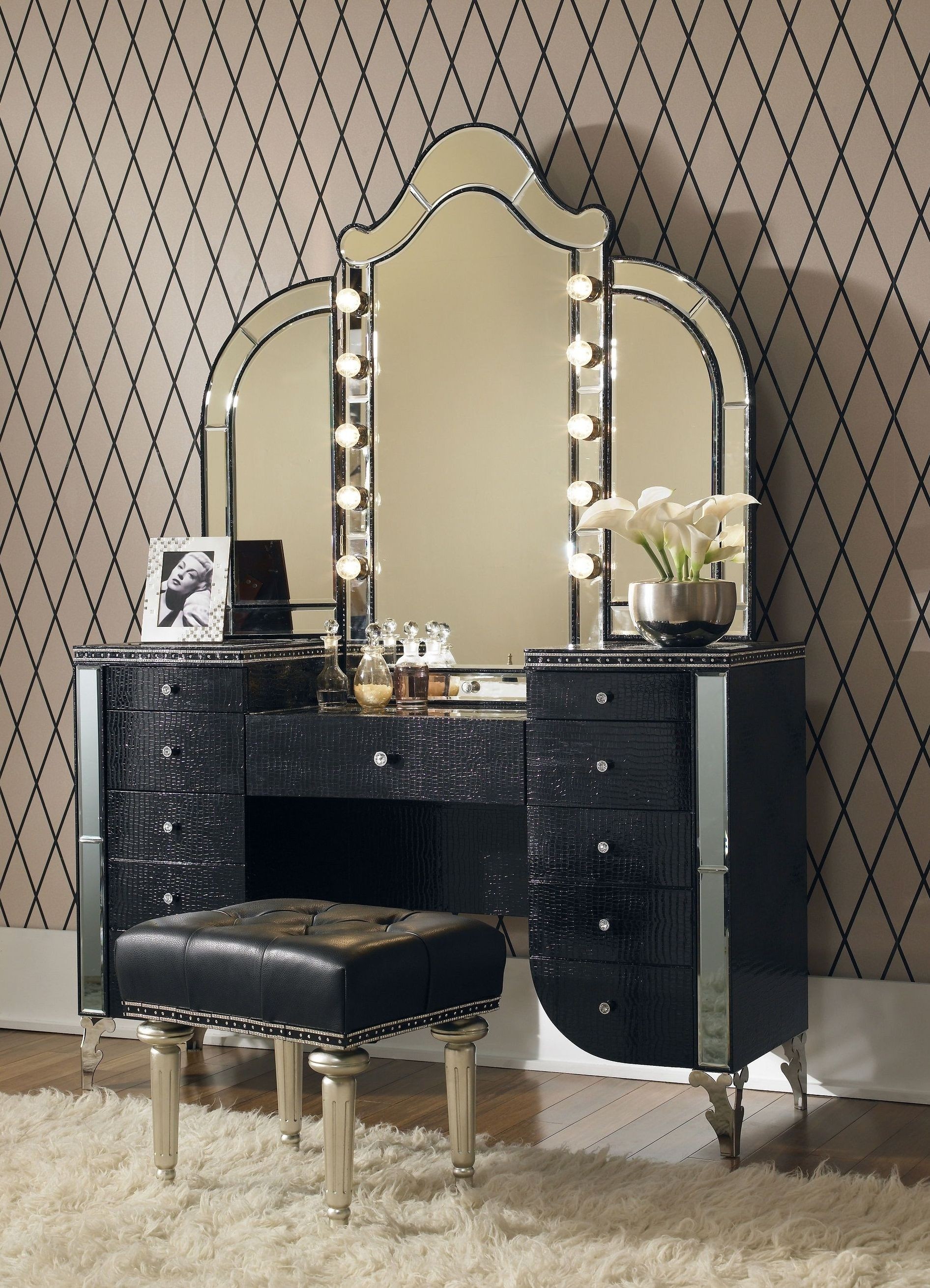 Vanity table with lights and mirror
