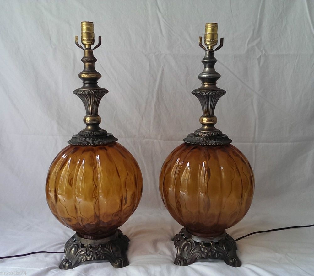 1970s vintage amber glass table lamps set