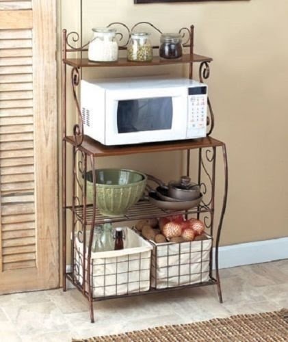 Bakers Pantry Storage Rack Wood Shelves Fabric Baskets Microwave Cart Drawers