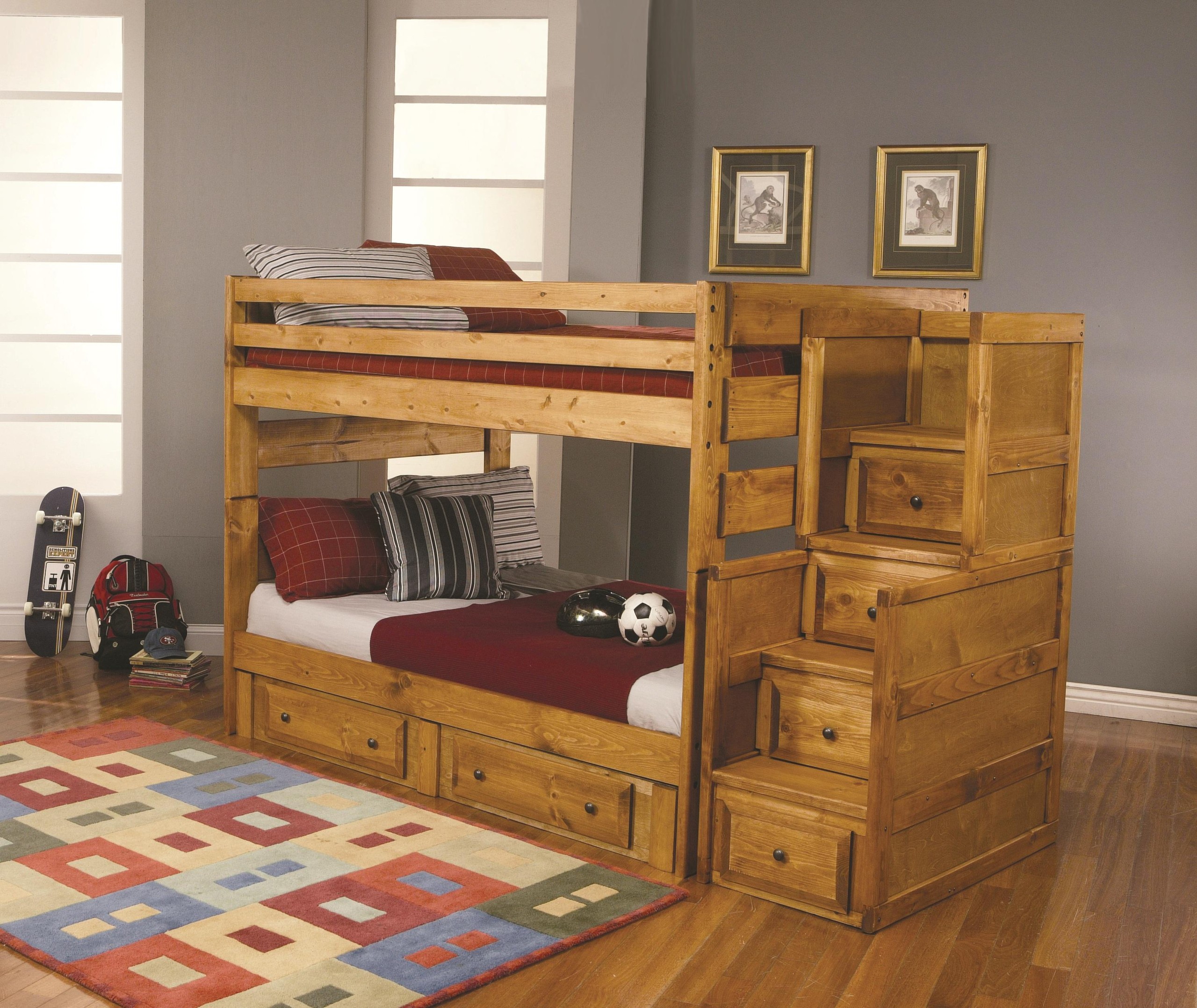 Full Size Bunk Bed with Stairway Chest in Amber Wash Finish