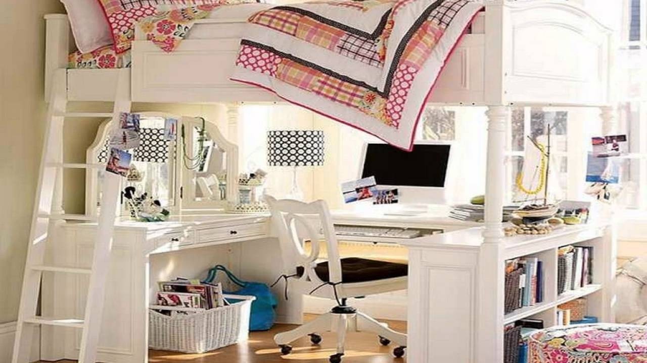 full size white loft bed with desk