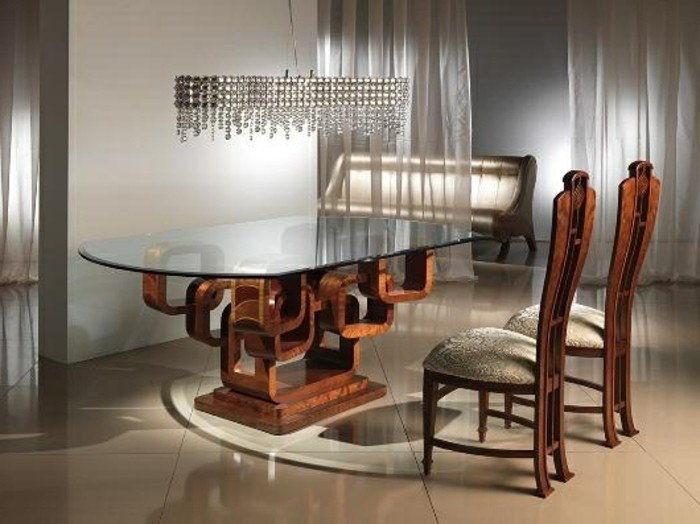 Glass top dining tables with wood base 1