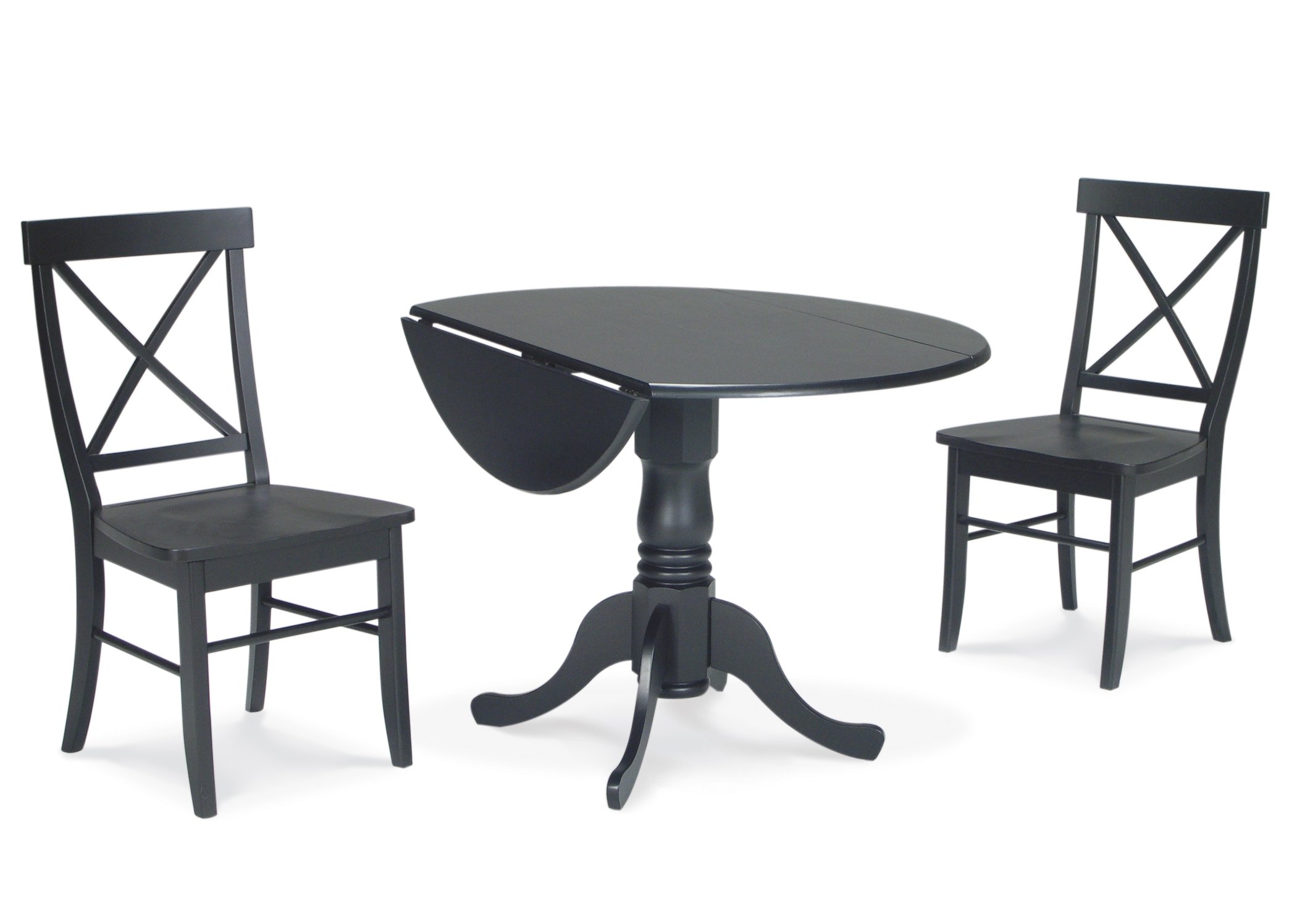 International Concepts 3-Piece 42-Inch Dual Drop Leaf Pedestal Table with 2 X-Back Chairs, Black Finish