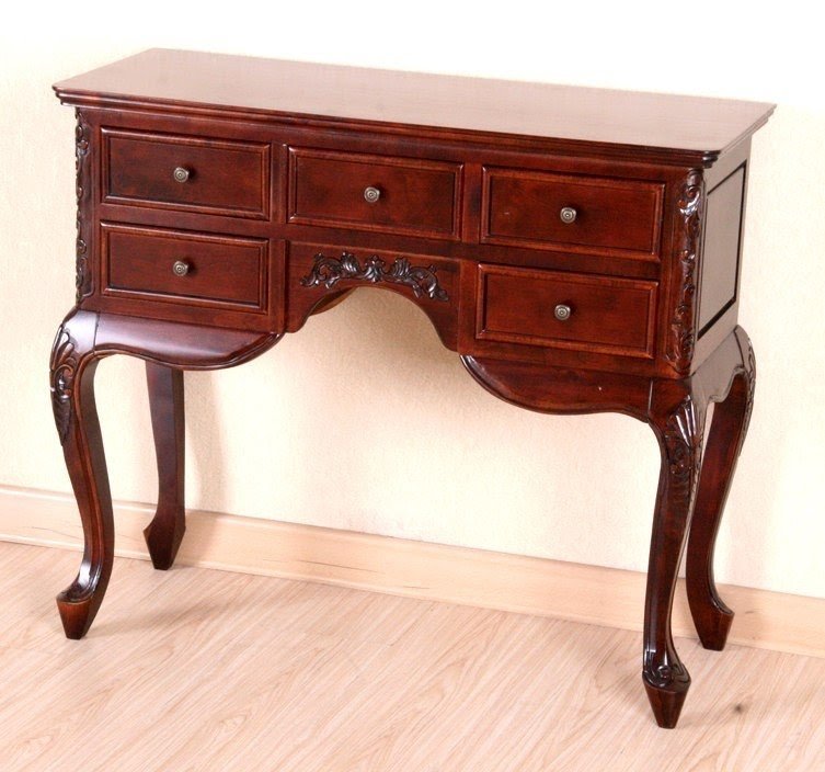 Queen anne inspired hand carved wood five drawer accent table