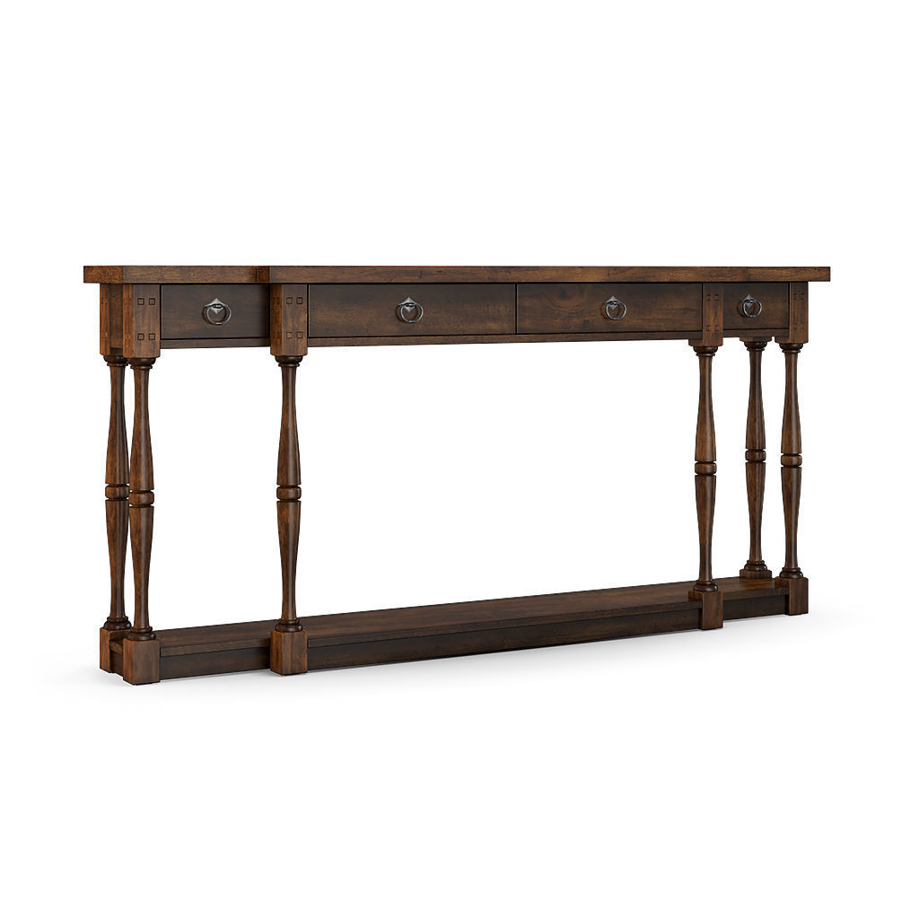 Solid hardwood console table with a breakfront and weathered finish
