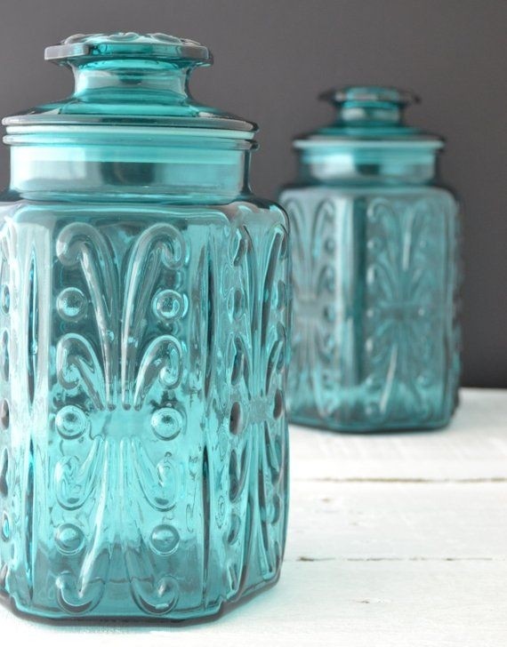 Teal glass canisters vintage kitchen