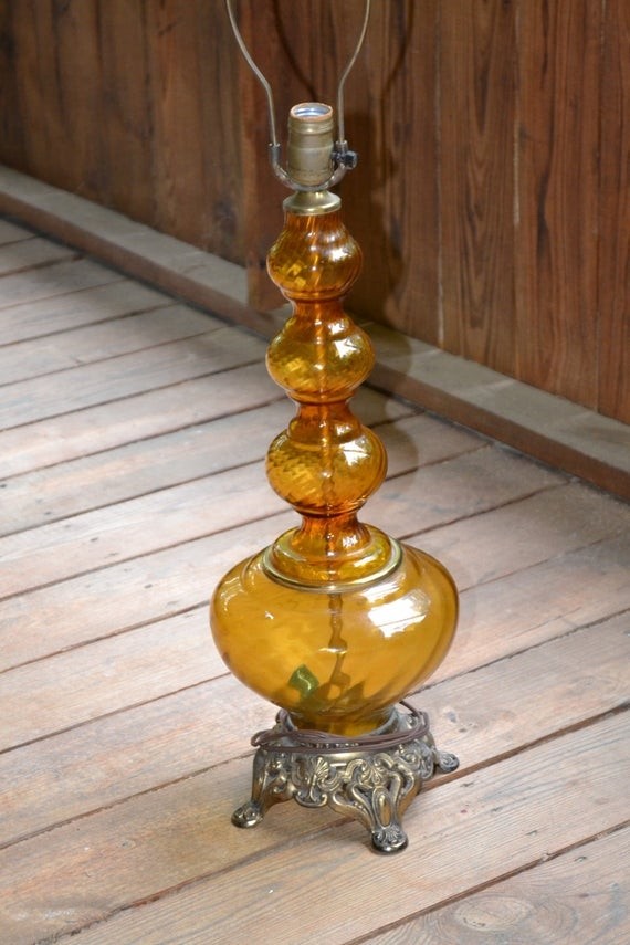 Vintage brass and amber glass table lamp