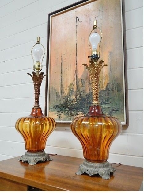 Vintage Pair Mid Century Modern Amber Glass Table Lamps Hollywood Regency
