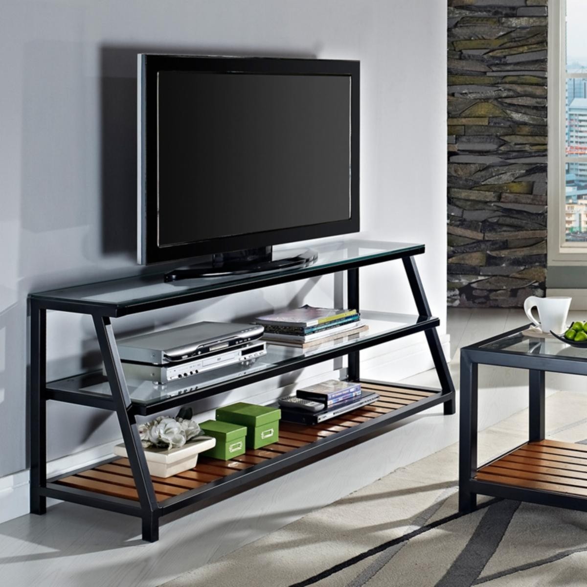Walker Edison 60 In Glass And Metal Tv Stand With Wood Accents Modern Home Electronics