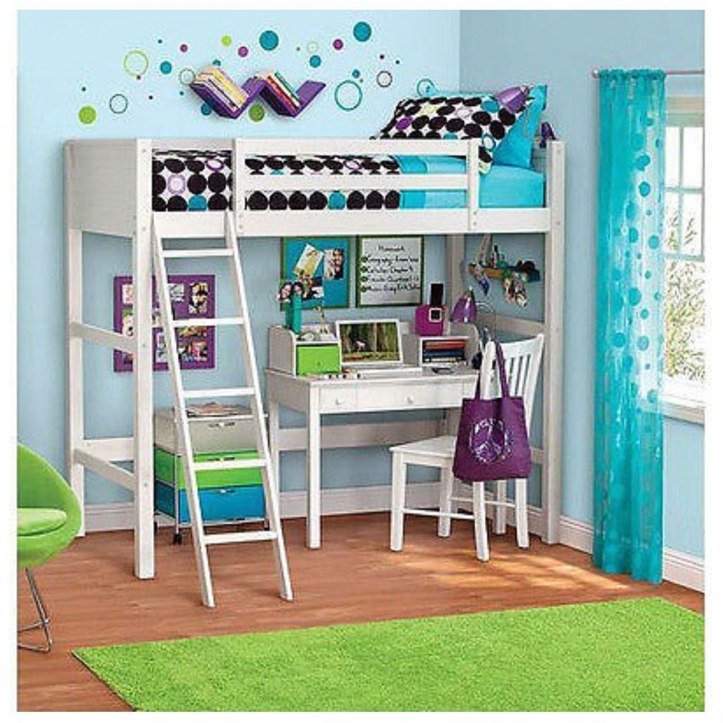 White loft bed with desk