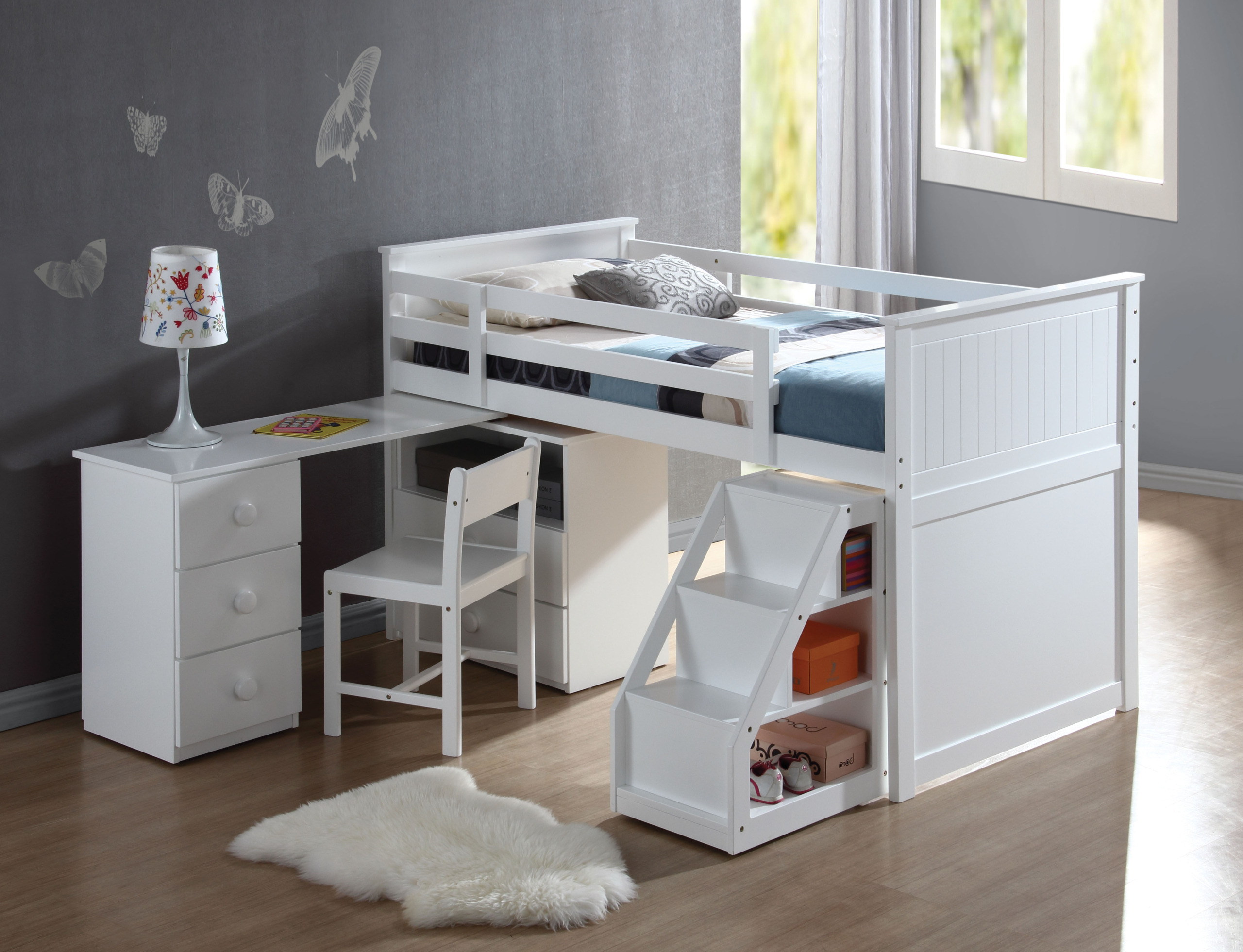White Twin Loft Bed With Desk Shelves