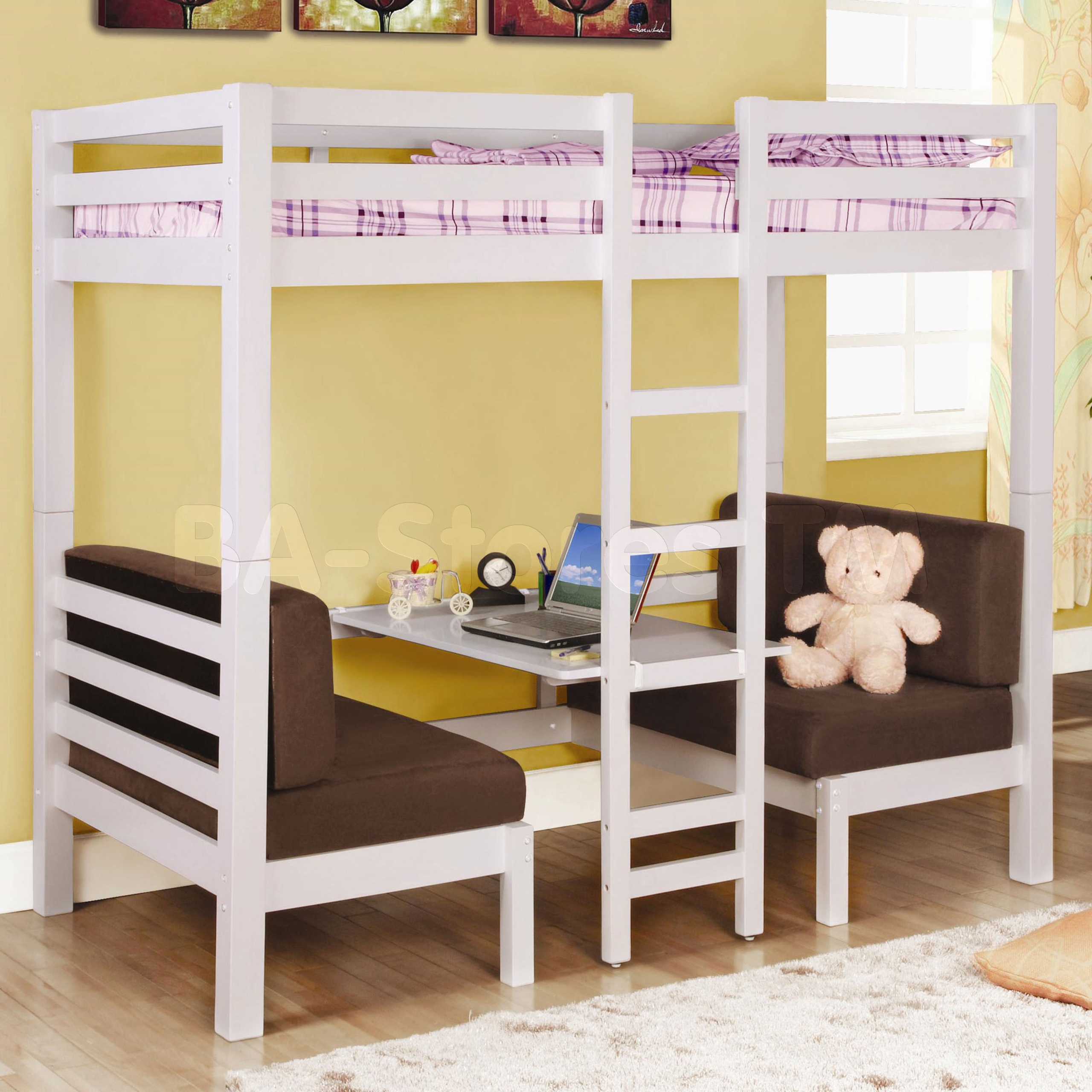 White Twin Loft Bunk Conversion Bed With Play Area Bedroom Furniture Set Sale