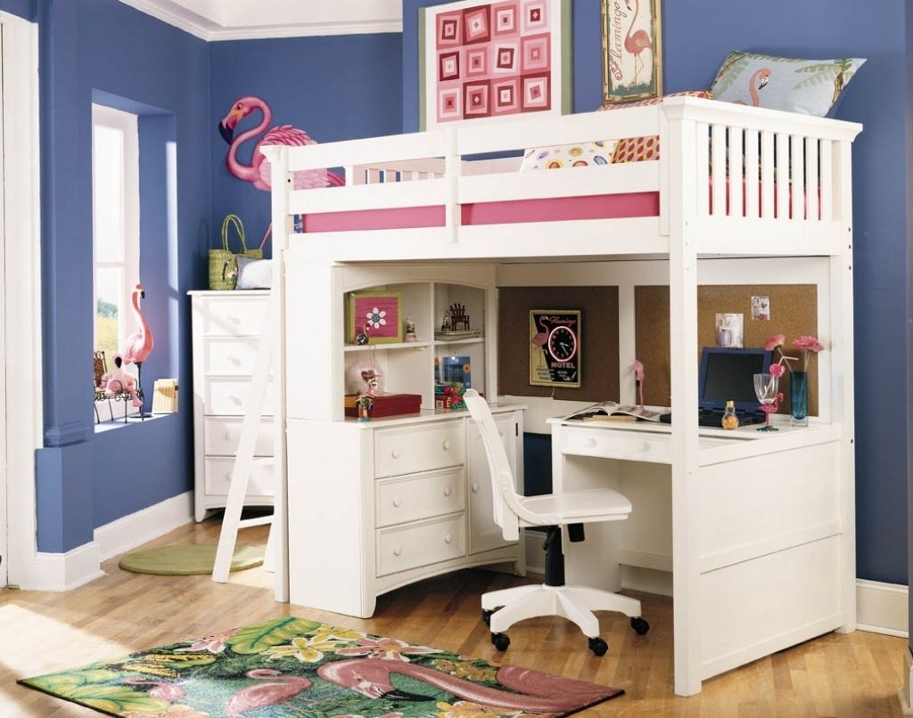 White wood loft bed with desk