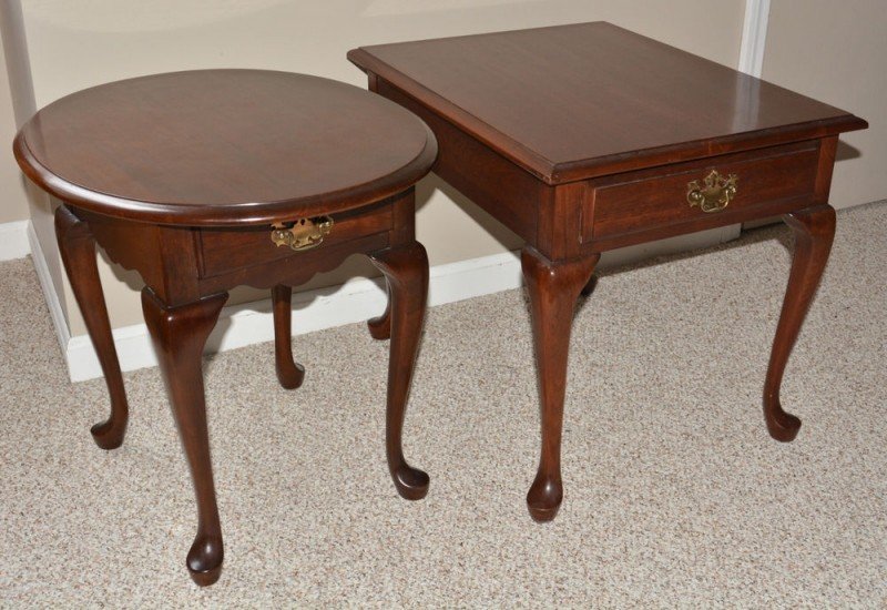2 Vintage Cherry Queen Anne Side End Tables With Single Drawer