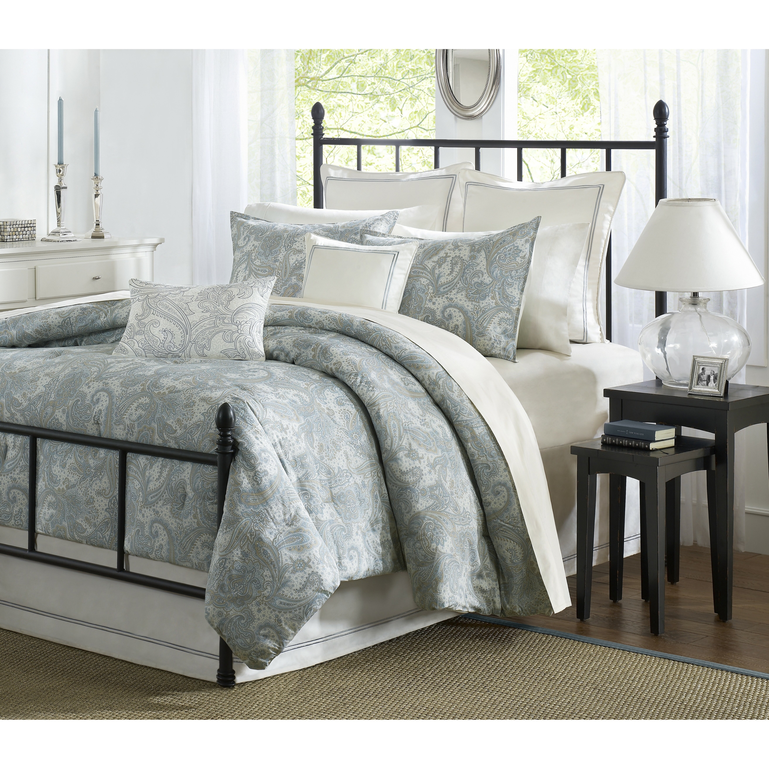 4 Piece King Size Comforter Set in Modern Bedding Design, Blue Paisley, 100% Cotton