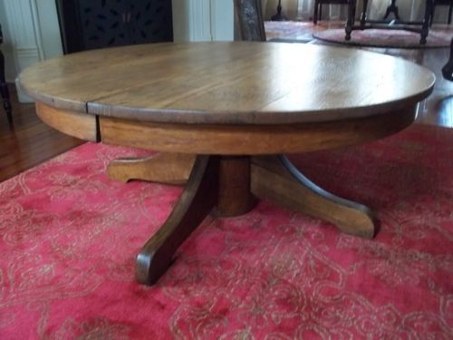 Antique tiger oak round pedestal coffee table 42 diameter refinished