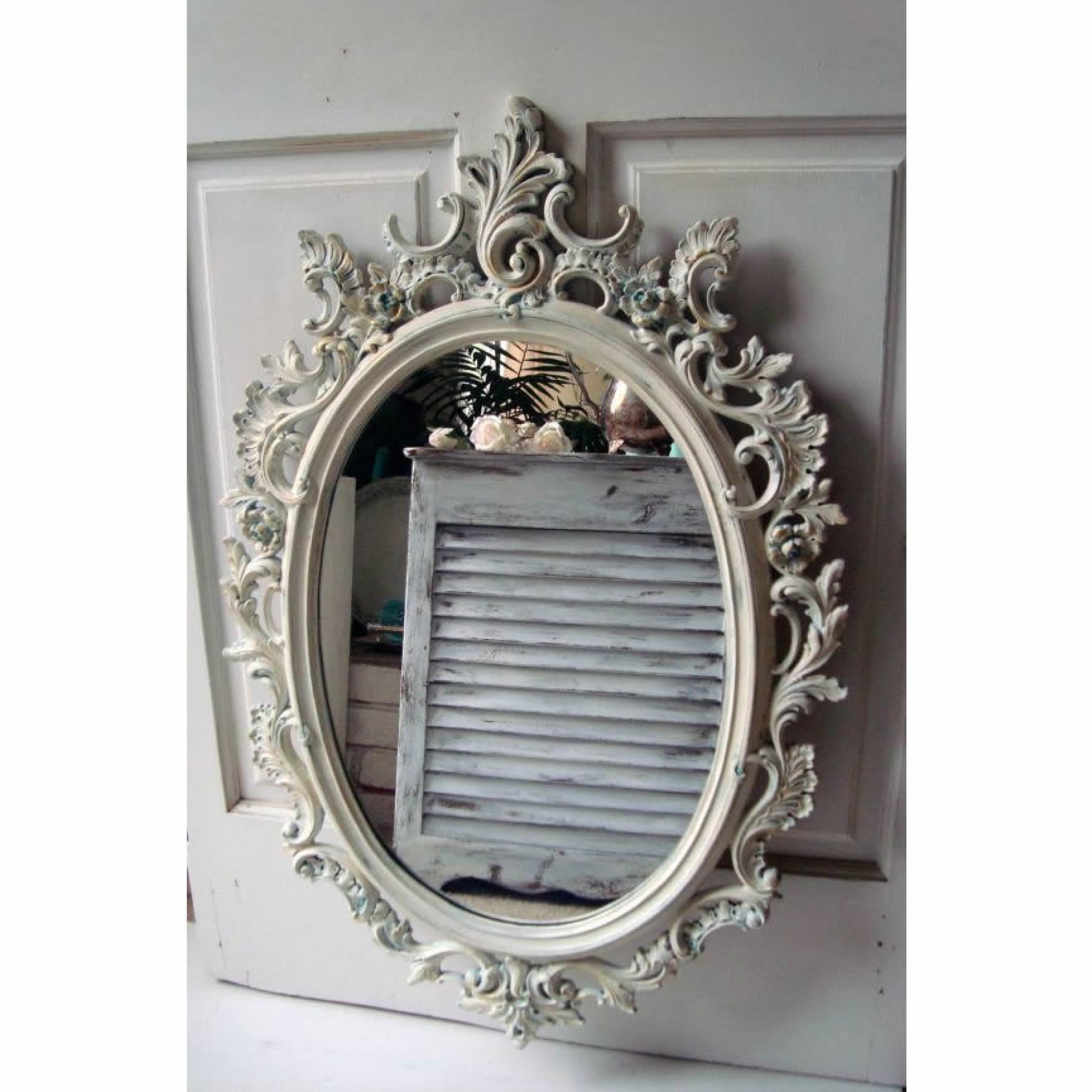 Antique white oval ornate vintage mirror