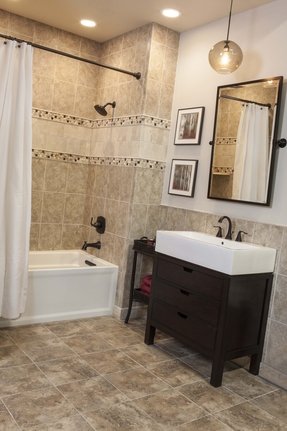 Ivory Travertine Tile Bathroom Traditional With Arch Glass Door