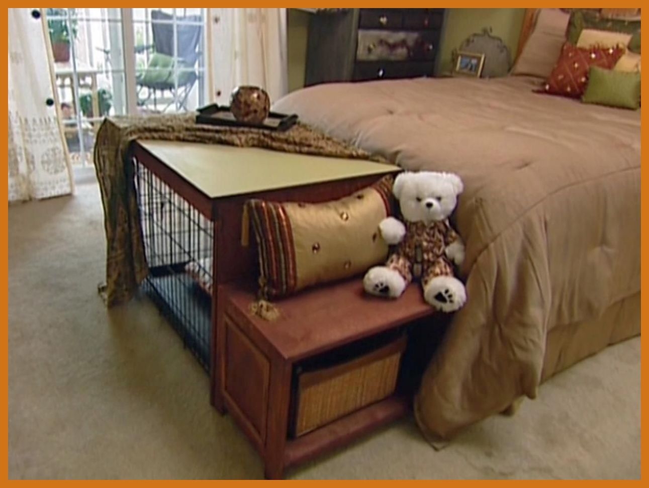 bed with dog crate underneath