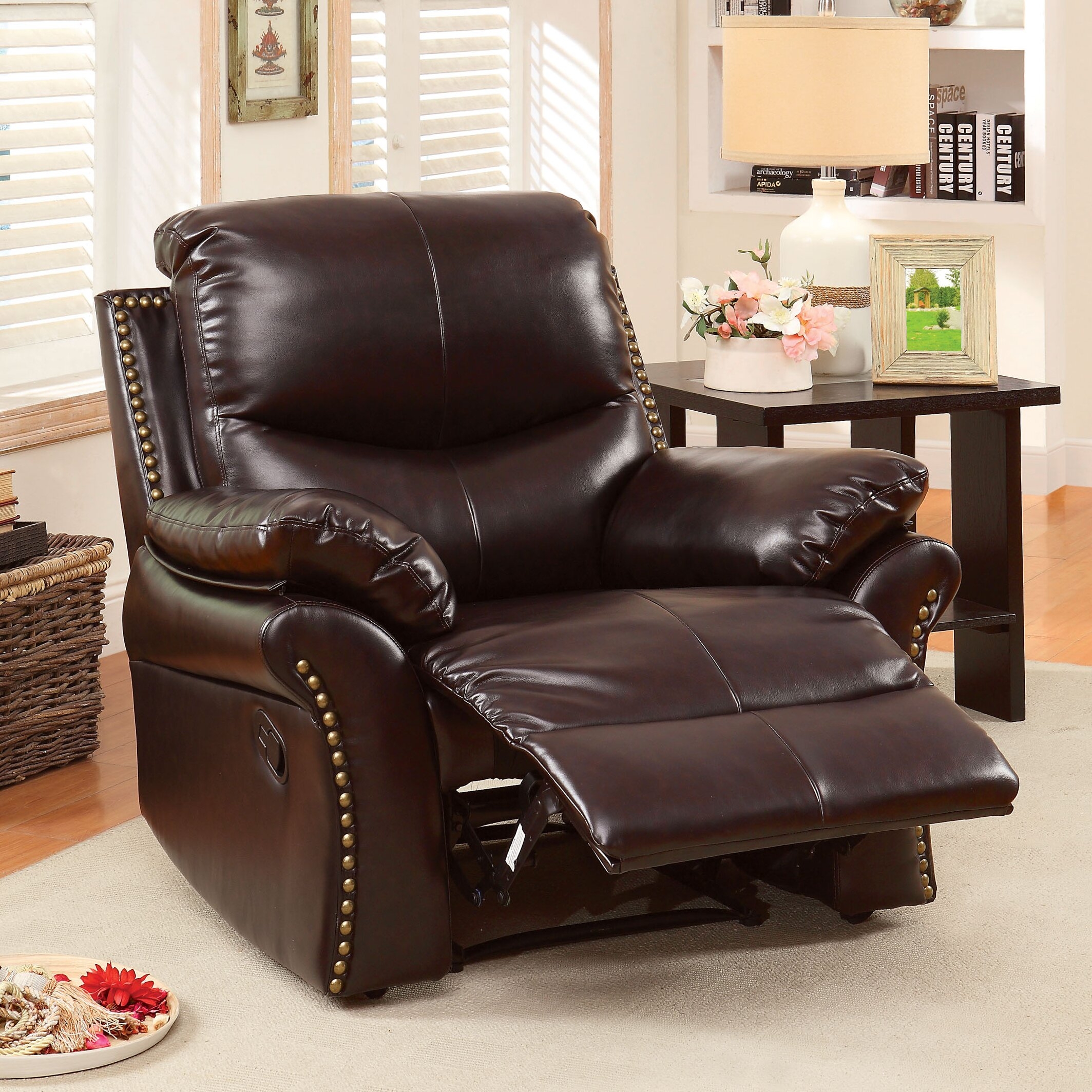 Furniture Of America Dudley Bonded Leather Match Recliner With Nailhead Trim