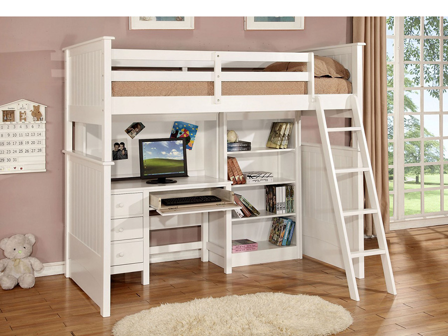 bunk bed with desk and bookshelf