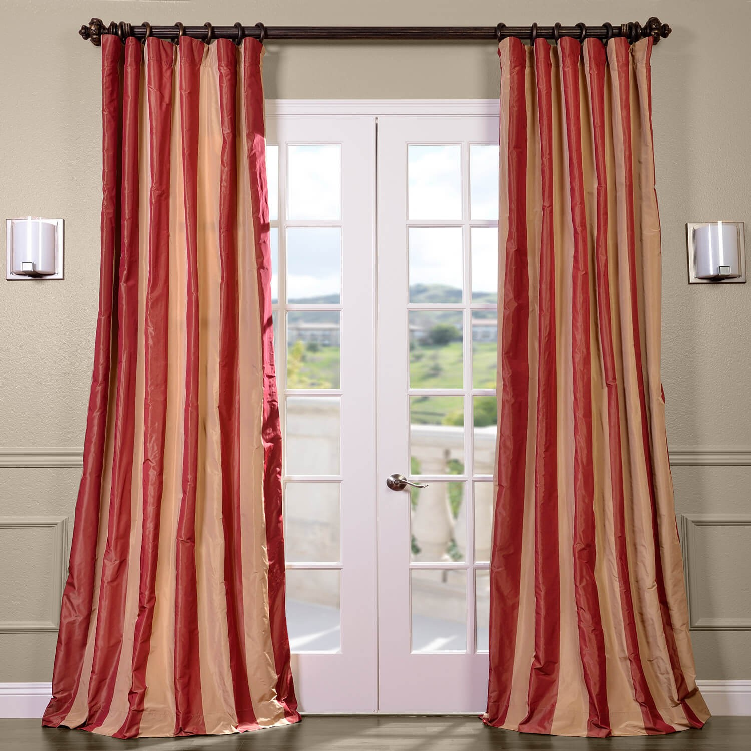 Red Golden Tan Striped Faux Silk Taffeta 108 Inch Curtain Panel