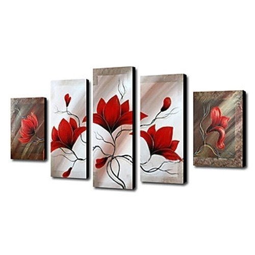 Unitary™ Modern Stretched 100% Hand-painted Floral Oversized Oil Painting 5 Pieces on Canvas Wall Art Deco Home Decoration