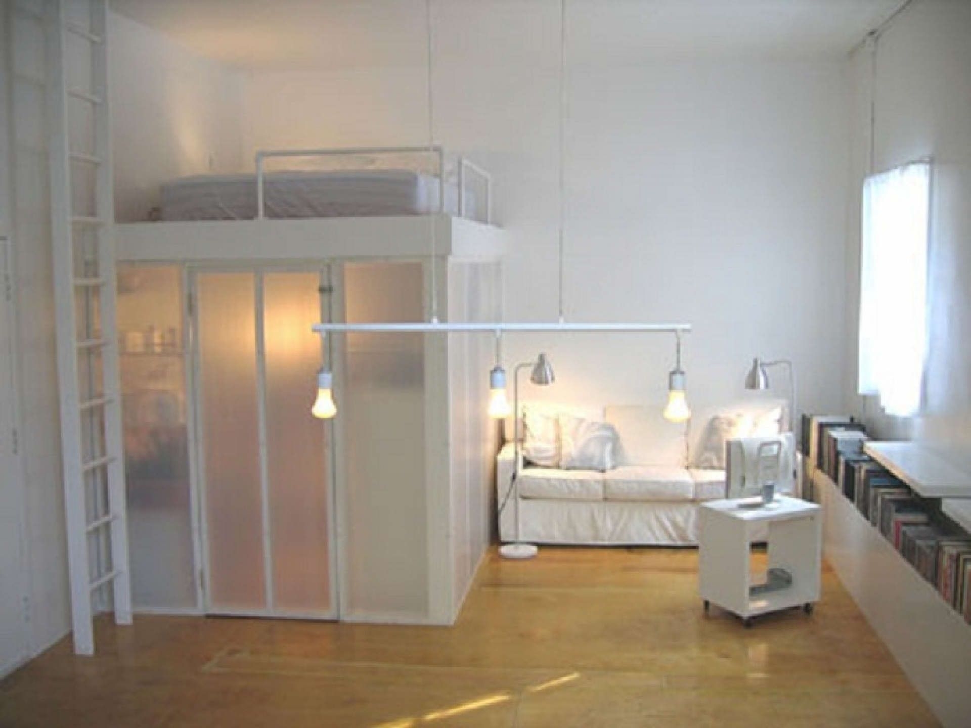 White loft bed desk