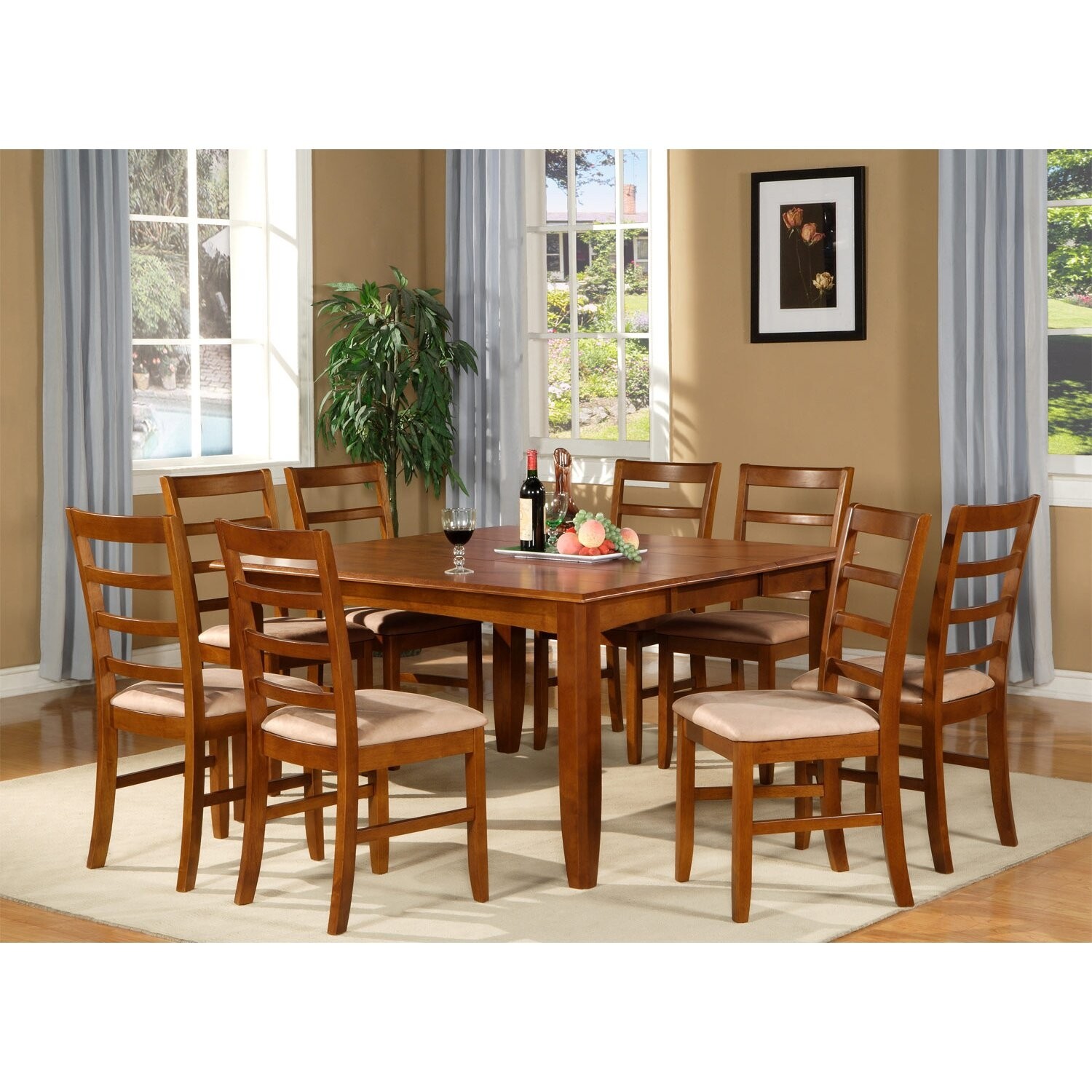 East West Furniture PARF9-SBR-C 9-Piece Parfait Square Table with 18 in. Butterfly Leaf & 8 Microfiber upholstered Seat Chairs in Saddle Brown Finish