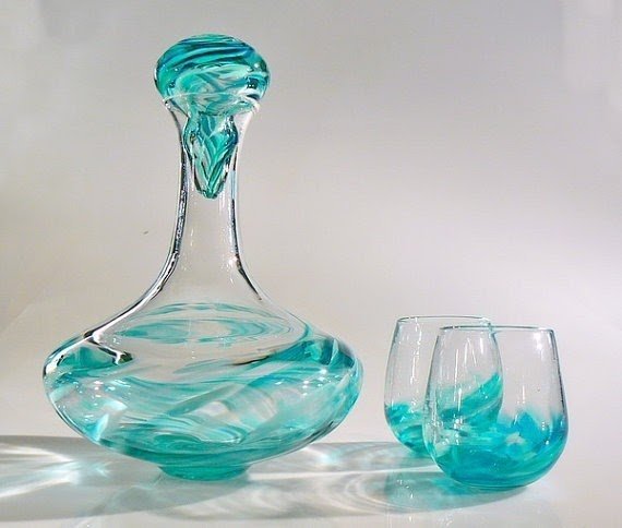 Hand blown glass wine decanter set with