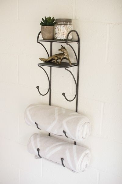 Iron Towel/Wine Rack with Two Slate Shelves, 29.5 x 7 x 5 In