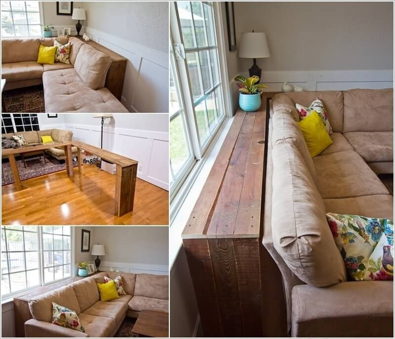 Long skinny shop table behind couch